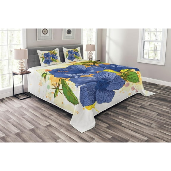 Ambesonne Tropical Quilted Bedspread Set 3 Pcs, Hibiscus Exotic Art Print, Queen Size, Violet Blue Mustard