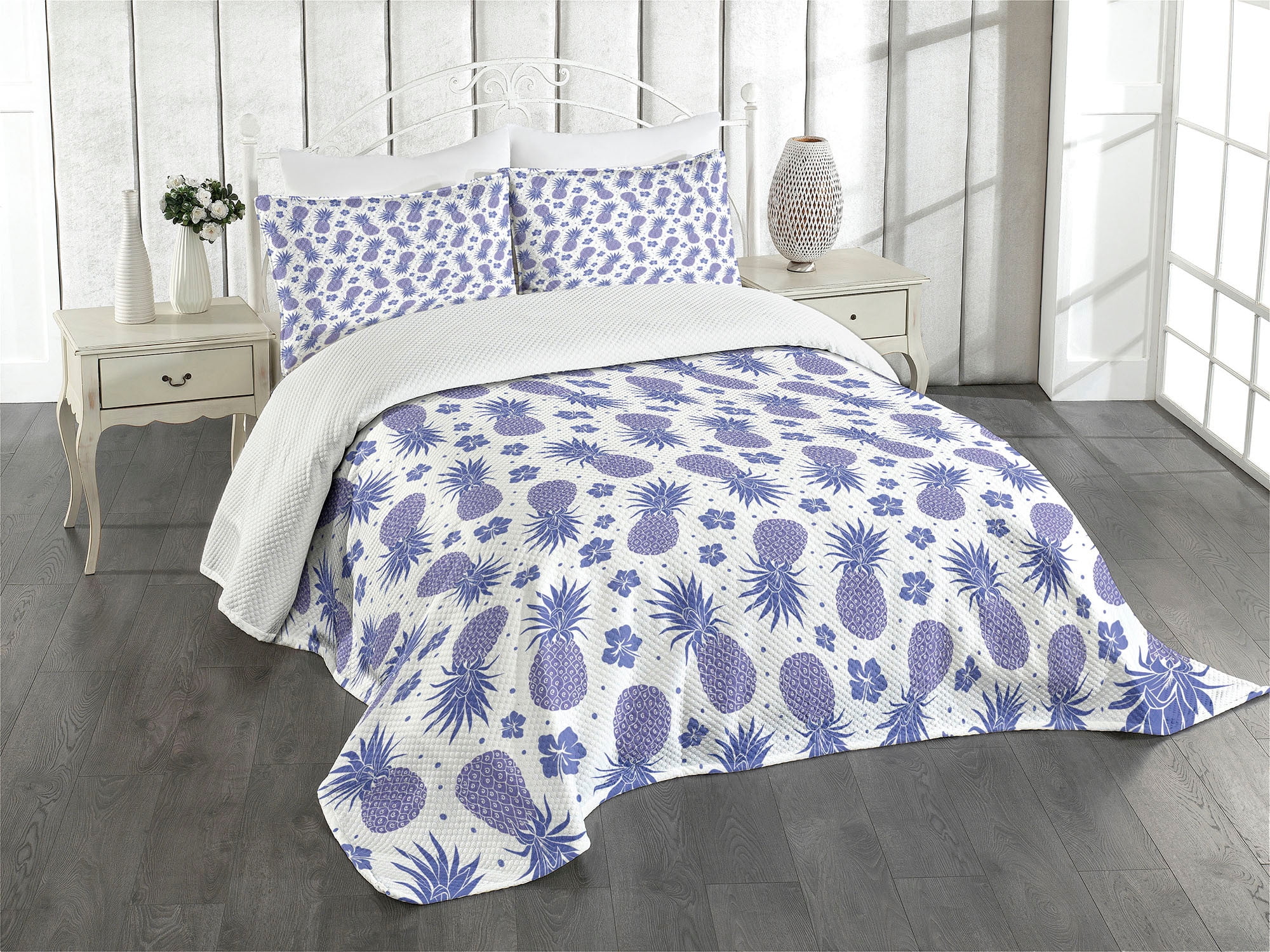 Ambesonne Tropical Quilted Bedspread Set 3 Pcs, Hibiscus and Pineapple
