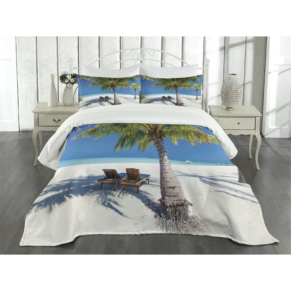 Ambesonne Tropical Quilted Bedspread Set 3 Pcs, Island Palms Sunbeds, King Size, Green Blue White