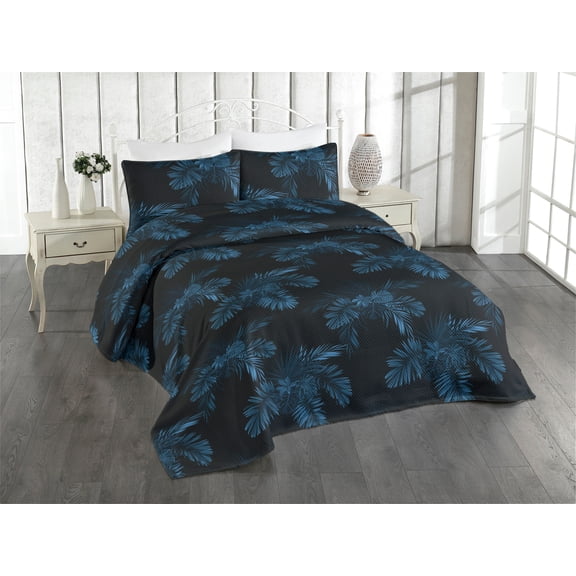 Ambesonne Tropical Quilted Bedspread Set 3 Pcs, Jungle Boho Phoenix Palm, Twin, Charcoal Grey Azure Blue