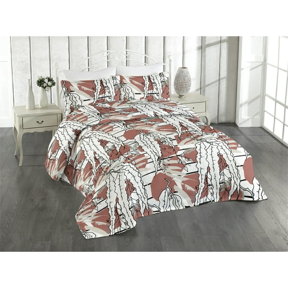 Ambesonne Tropical Quilted Bedspread Set 3 Pcs, Leaves Abstract Modern Art, Queen, Pale Rust Eggshell White