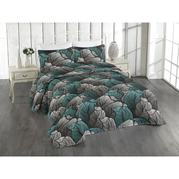 Ambesonne Tropical Quilted Bedspread Set 3 Pcs, Line Exotic Leaves Boho, Twin, Turquoise Charcoal Grey