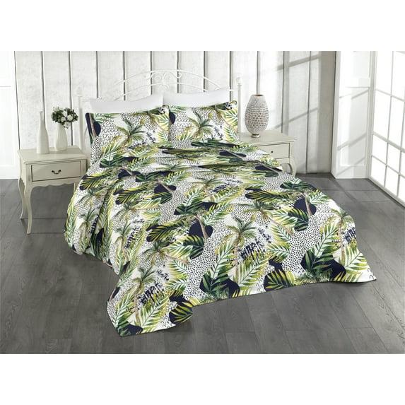 Ambesonne Tropical Quilted Bedspread Set 3 Pcs, Modern Leafy Abstract Boho, King, Fern Green Sage Green