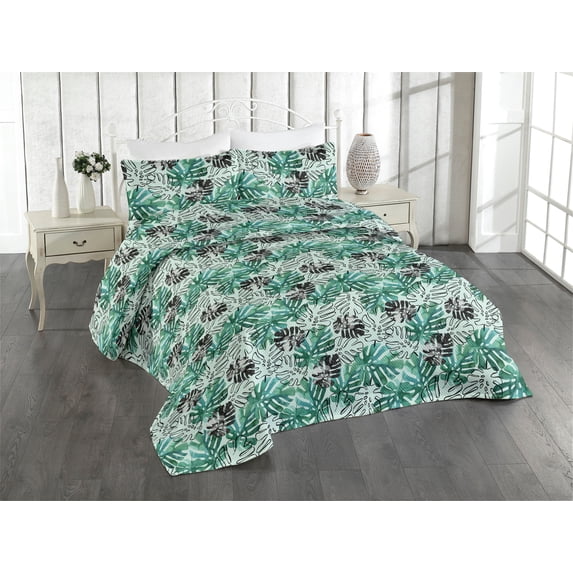 Ambesonne Tropical Quilted Bedspread Set 3 Pcs, Monstera Silhouette Plot, Twin, Pale Petrol Blue Grey