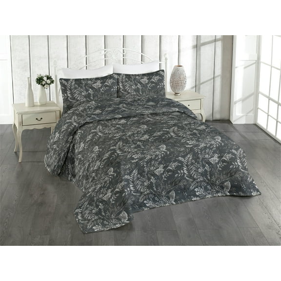 Ambesonne Tropical Quilted Bedspread Set 3 Pcs, Neutral Silhouettes Art, King, Charcoal Grey Pale Grey