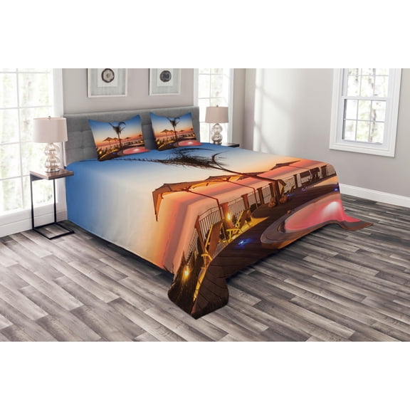 Ambesonne Tropical Quilted Bedspread Set 3 Pcs, Ocean View at Sunset, King Size, Multicolor