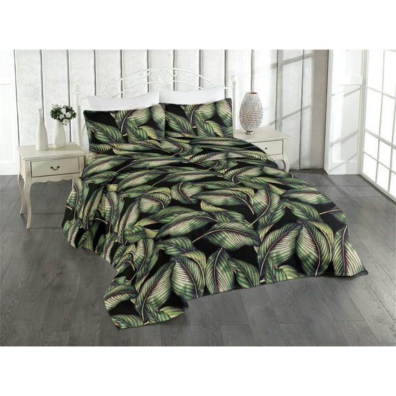 Ambesonne Tropical Quilted Bedspread Set 3 Pcs, Palm Foliage Overlapped, King, Reseda Green Dark Purple