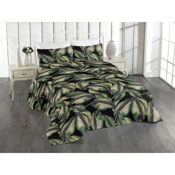 Ambesonne Tropical Quilted Bedspread Set 3 Pcs, Palm Foliage Overlapped, Twin, Reseda Green Dark Purple