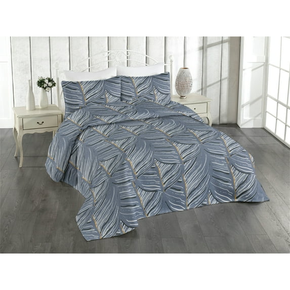 Ambesonne Tropical Quilted Bedspread Set 3 Pcs, Palm Foliage Simplified, Queen, Dark Ceil Blue and Marigold