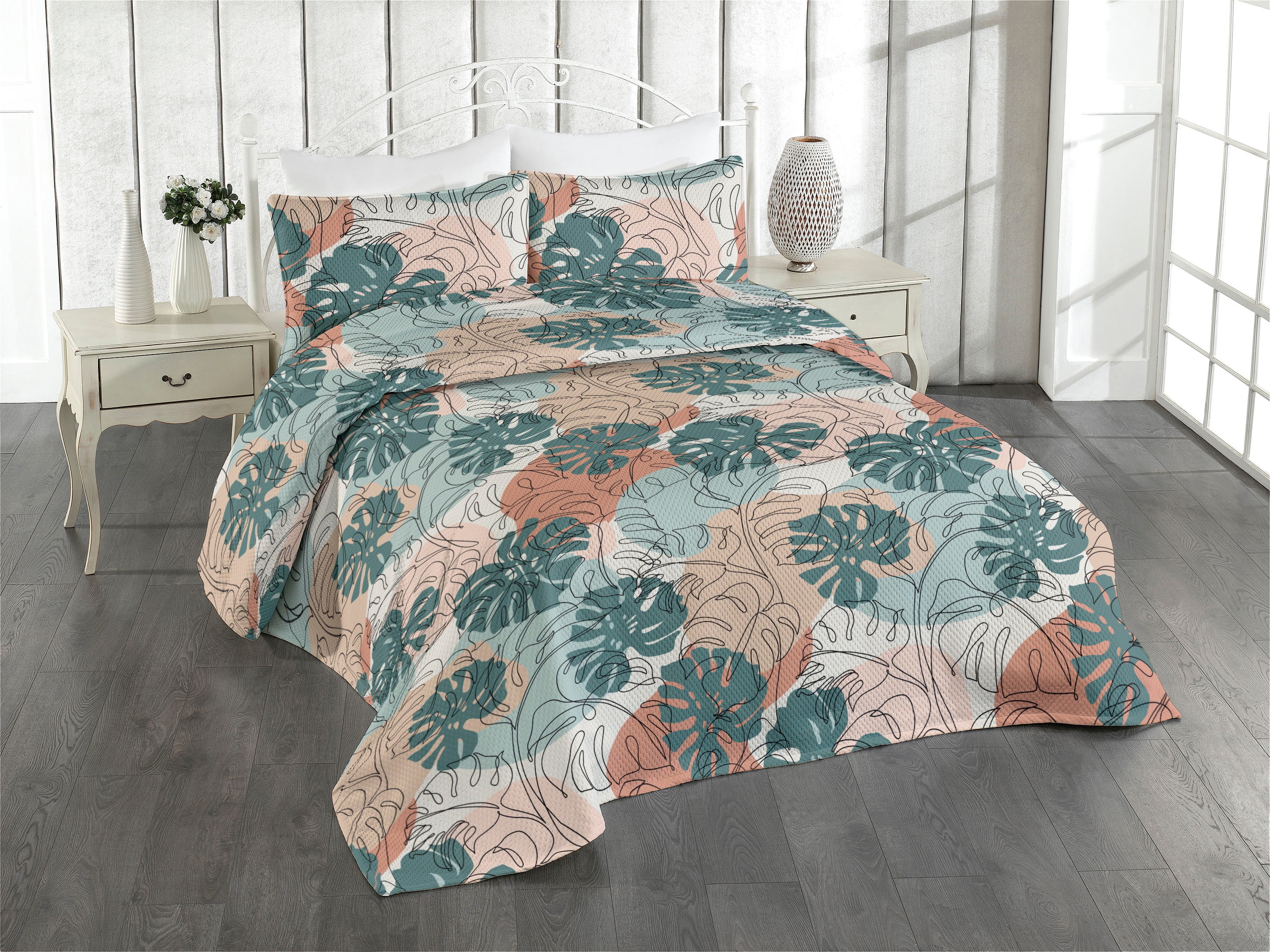 Ambesonne Tropical Quilted Bedspread Set 3 Pcs, Palm Leaves Line Art
