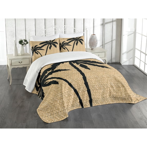 Ambesonne Tropical Quilted Bedspread Set 3 Pcs, Palm Tree Silhouettes, Queen Size, Pale Brown and Black