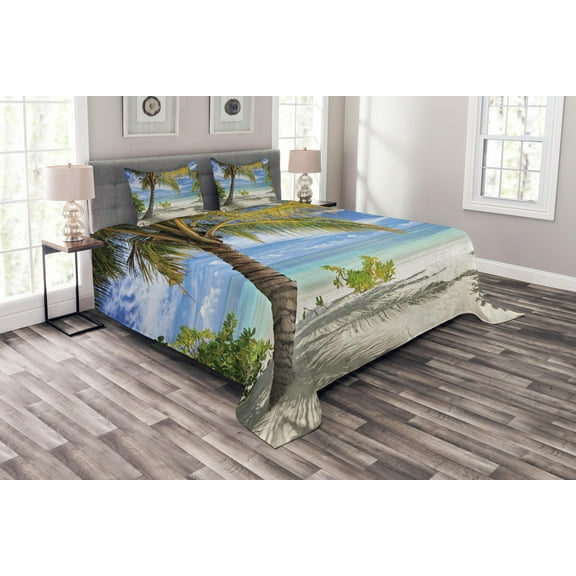 Ambesonne Tropical Quilted Bedspread Set 3 Pcs, Palm Trees Coastline, King Size, Coconut and Blue