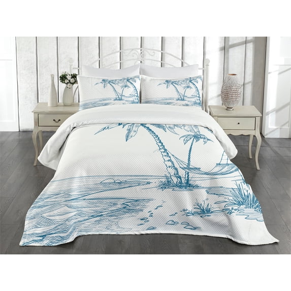 Ambesonne Tropical Quilted Bedspread Set 3 Pcs, Palm Trees at Beach, King Size, Blue White