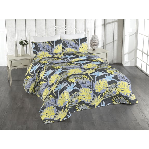 Ambesonne Tropical Quilted Bedspread Set 3 Pcs, Pop Art Exotic Palm Leaf, King, Avocado Green Ceil Blue