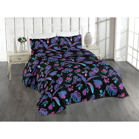 Ambesonne Tropical Quilted Bedspread Set 3 Pcs, Retro Abstract Monstera, Twin, Violet Aqua Charcoal Grey