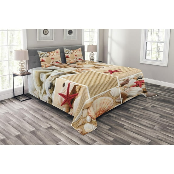 Ambesonne Tropical Quilted Bedspread Set 3 Pcs, Seashells Starfishes, King Size, Multicolor