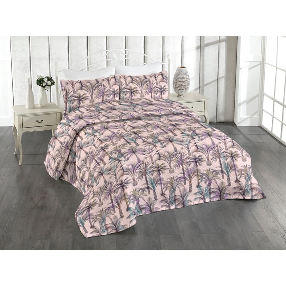 Ambesonne Tropical Quilted Bedspread Set 3 Pcs, Simple Palm Trees Artwork, Queen, Pale Pink Fuchsia and Teal
