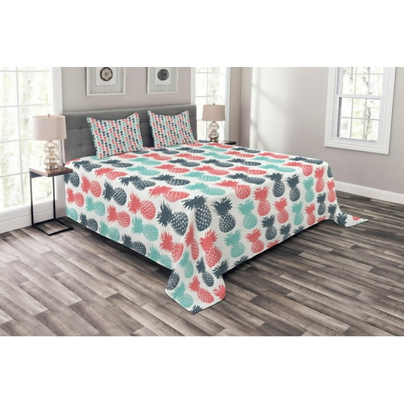 Ambesonne Tropical Quilted Bedspread Set 3 Pcs, Stamped Minimal Backdrop, King Size, Turquoise White Coral