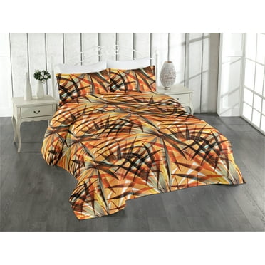 Ambesonne Tropical Quilted Bedspread Set 3 Pcs, Summer Pattern Palm Leaves, King, Orange Sea Blue and Dark Rust