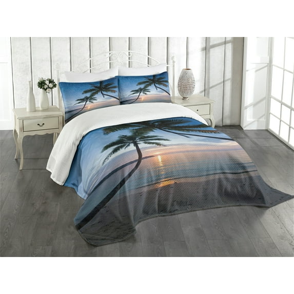 Ambesonne Tropical Quilted Bedspread Set 3 Pcs, Sunset Beach Thailand, Queen Size, Blue Black Pale Pink