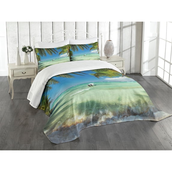 Ambesonne Tropical Quilted Bedspread Set 3 Pcs, Surreal Sea Palm Tree, Queen Size, Fern Green Turquoise
