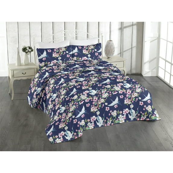 Ambesonne Tropical Quilted Bedspread Set 3 Pcs, Watercolor Cranes Flowers, King, Dark Coral and Petrol Blue