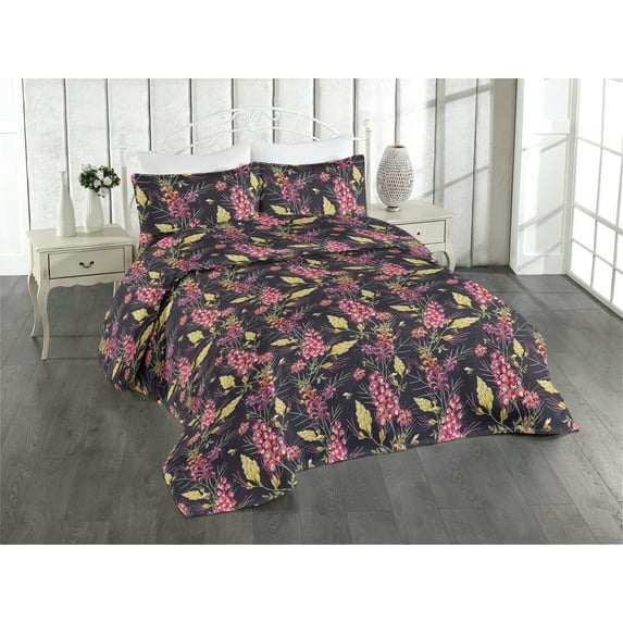 Ambesonne Tropical Quilted Bedspread Set 3 Pcs, Watercolor Grevillea Art, Twin, Dried Rose and Earth Yellow
