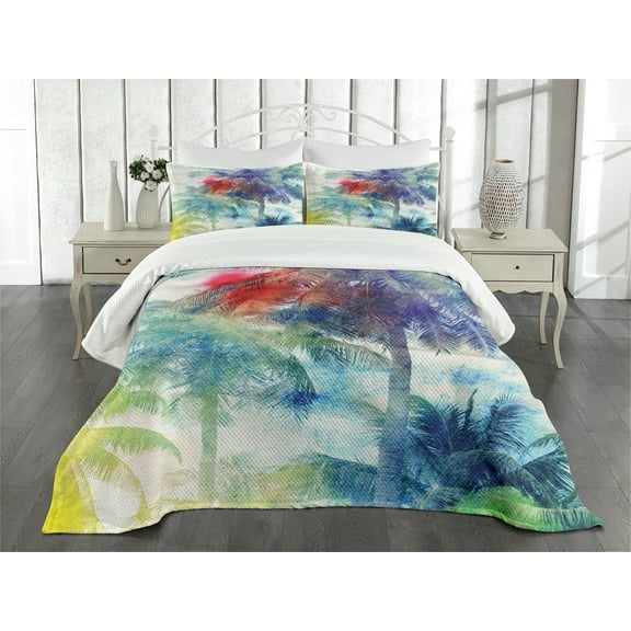 Ambesonne Tropical Quilted Bedspread Set 3 Pcs, Watercolor Palm Retro, King Size, Multicolor