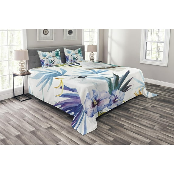 Ambesonne Tropical Quilted Bedspread Set 3 Pcs, Watercolor Parrot Palm, Queen Size, Multicolor