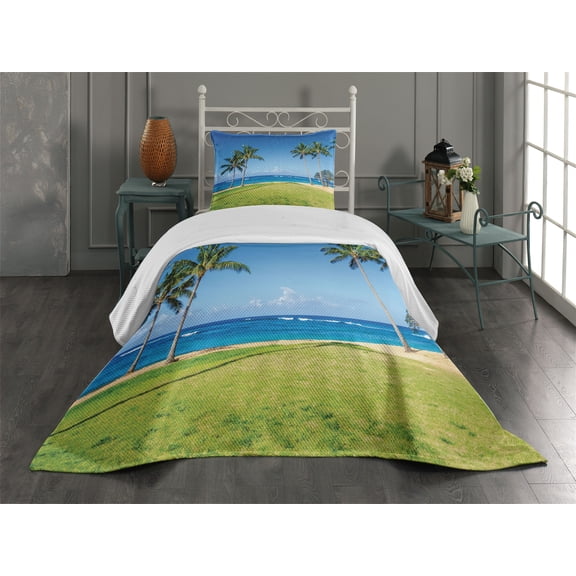 Ambesonne Tropical Quilted Coverlet 2 Pcs, Coconut Palm Hawaii, Twin Size, Blue Green