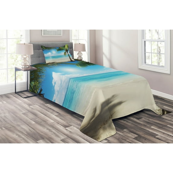 Ambesonne Tropical Quilted Coverlet 2 Pcs, Coconut Shadows, Twin Size, Aqua Coconut Green