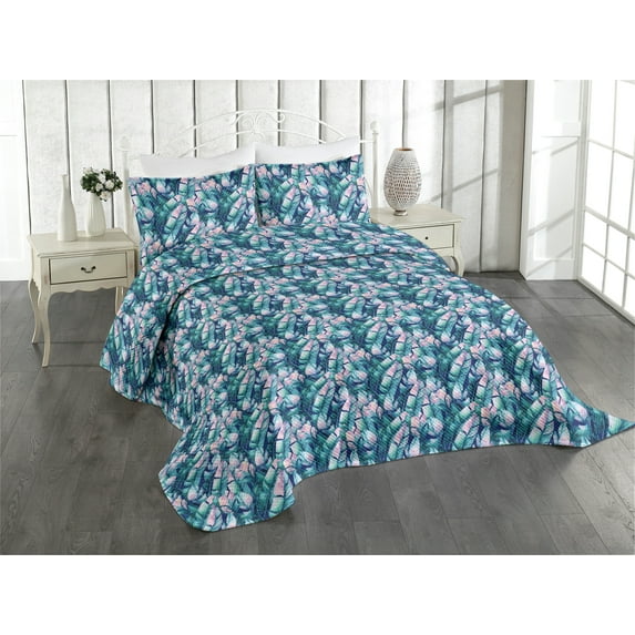 Ambesonne Tropical Quilted Coverlet 2 Pcs, Colorful Art Banana Leaves, Twin Size, Teal Pale Pink and Navy Blue