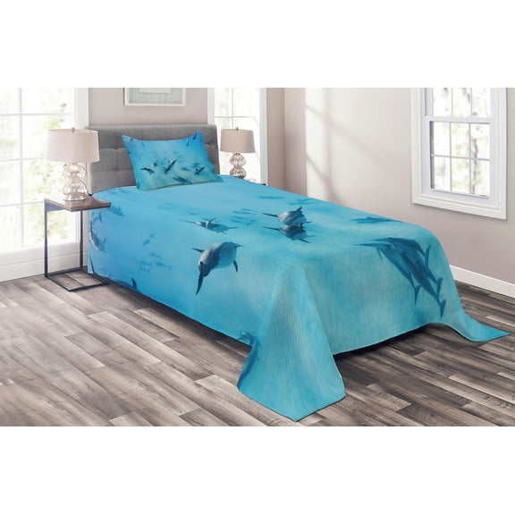 Ambesonne Tropical Quilted Coverlet 2 Pcs, Dolphins Hawaii Ocean, Twin Size, Blue