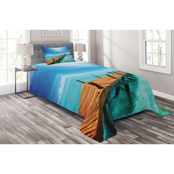 Ambesonne Tropical Quilted Coverlet 2 Pcs, Exotic Hawaii Wooden Pier, Twin Size, Blue and Brown