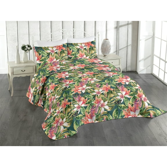 Ambesonne Tropical Quilted Coverlet 2 Pcs, Exotics Hawaii Leaves Art, Twin Size, Dark Coral Fern Green