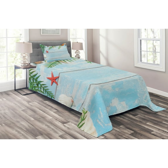 Ambesonne Tropical Quilted Coverlet 2 Pcs, Fish Seashell Maritime, Twin Size, Pale Blue Green Amber