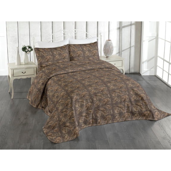 Ambesonne Tropical Quilted Coverlet 2 Pcs, Grunge Leaf Sketch Pattern, Twin Size, Pale Camel Umber