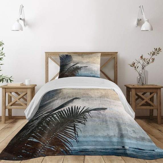 Ambesonne Tropical Quilted Coverlet 2 Pcs, Grunge Palm Trees Art, Twin Size, Beige Navy