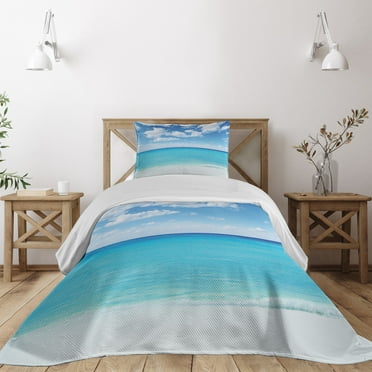 Ambesonne Tropical Quilted Coverlet 2 Pcs, Hawaiian Seascape, Twin Size, Turquoise White