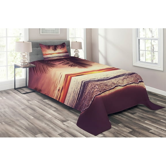 Ambesonne Tropical Quilted Coverlet 2 Pcs, Sunset Ocean Waves, Twin Size, Yellow