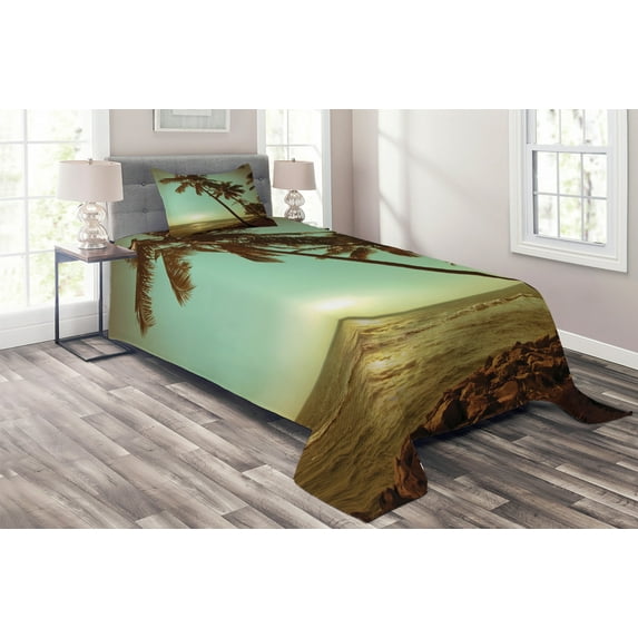Ambesonne Tropical Quilted Coverlet 2 Pcs, Sunset Pacific Dusk, Twin Size, Green Brown