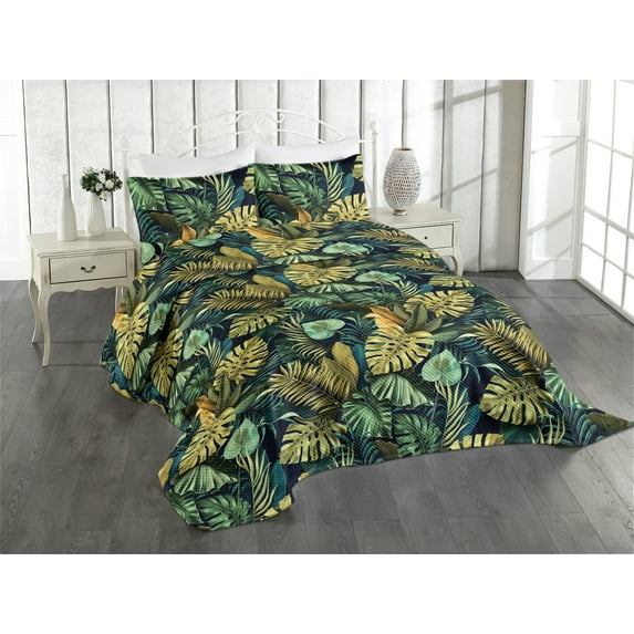 Ambesonne Tropical Quilted Coverlet 3 Pcs, Art Exotic Monstera Leaves, King Size, Dark Teal Olive Green