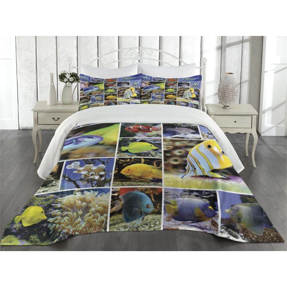 Ambesonne Tropical Quilted Coverlet 3 Pcs, Collage of Underwater, Queen Size, Yellow Blue
