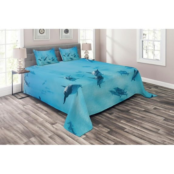 Ambesonne Tropical Quilted Coverlet 3 Pcs, Dolphins Hawaii Ocean, Queen Size, Blue