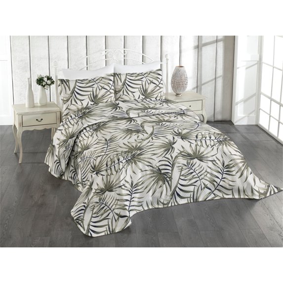 Ambesonne Tropical Quilted Coverlet 3 Pcs, Exotic Foliage Vintage Art, King Size, Sage Green and Grey Yellow