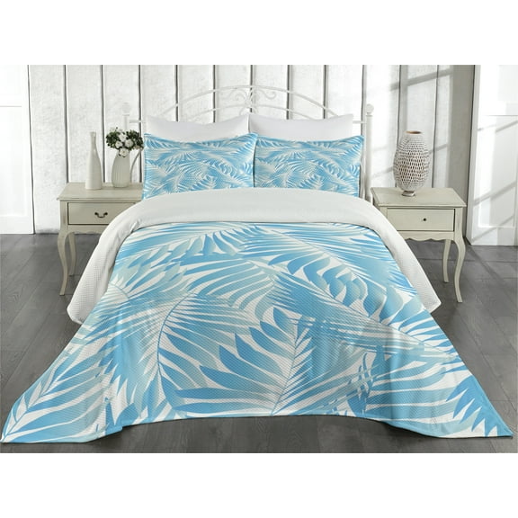 Ambesonne Tropical Quilted Coverlet 3 Pcs, Exotic Miami Palms, Queen Size, Turquoise Aqua Blue