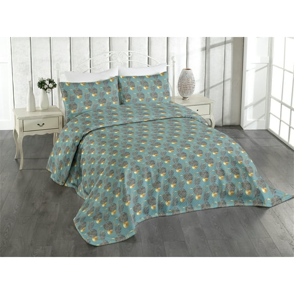 Ambesonne Tropical Quilted Coverlet 3 Pcs, Exotic Palm Leafy Pattern, Queen Size, Marigold and Ceil Blue