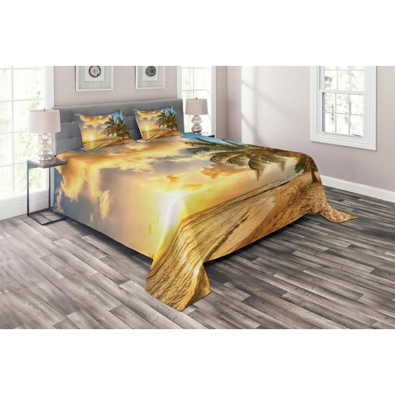 Ambesonne Tropical Quilted Coverlet 3 Pcs, Exotic Sandy Beach, Queen Size, Cream Blue