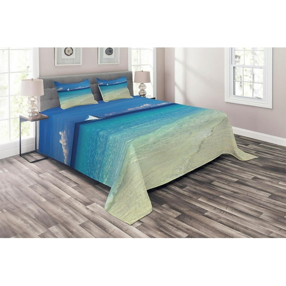 Ambesonne Tropical Quilted Coverlet 3 Pcs, Exotic Seashore View, Queen Size, Turquoise Cream
