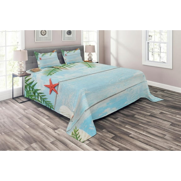 Ambesonne Tropical Quilted Coverlet 3 Pcs, Fish Seashell Maritime, Queen Size, Pale Blue Green Amber